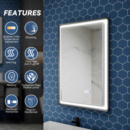 Verloar 22" W x 34" H Lighted Bathroom  Mirror,Dimmable,Anti Fog,Front-Lit Illumination（副本）