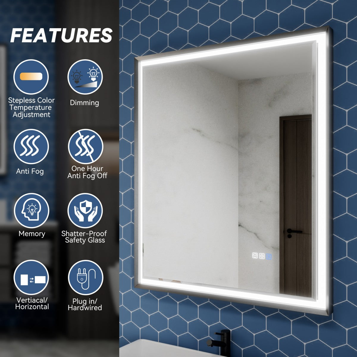 Verloar 30" W x 36" H Framed Lighted Bathroom  Mirror,Dimmable,Anti Fog,Front-Lit Illumination,Matte Black