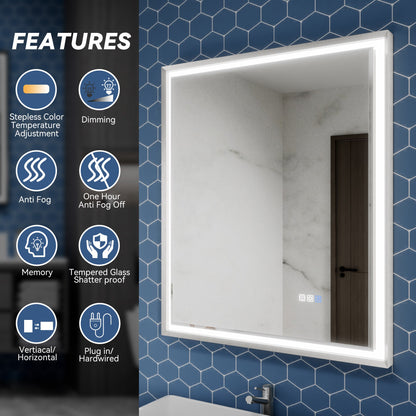 Verloar 30" W x 36" H Lighted Bathroom  Mirror,Dimmable,Anti Fog,Front-Lit Illumination