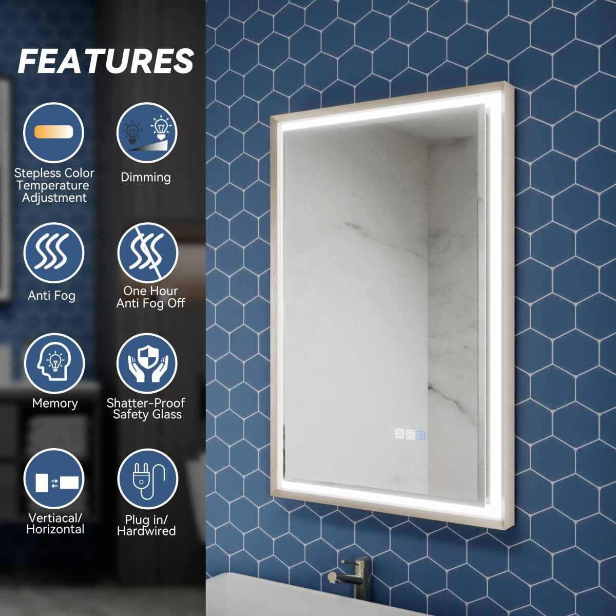 Verloar 22" W x 34" H Framed Lighted Bathroom  Mirror,Dimmable,Anti Fog,Front-Lit Illumination,Brushed Nickel