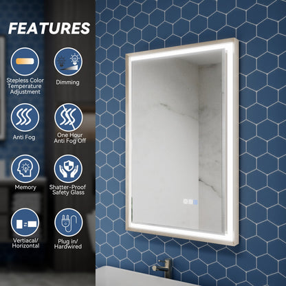 Verloar 22" W x 34" H Framed Lighted Bathroom  Mirror,Dimmable,Anti Fog,Front-Lit Illumination,Brushed Nickel