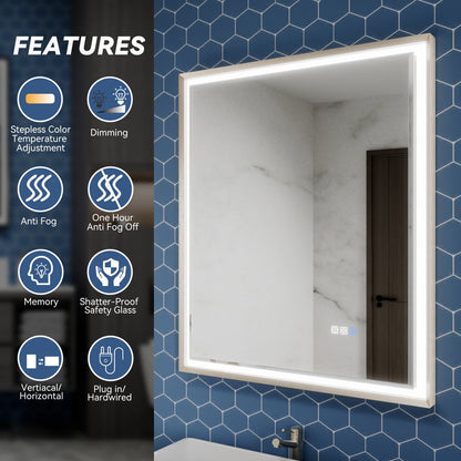 Verloar 30" W x 36" H Framed Lighted Bathroom  Mirror,Dimmable,Anti Fog,Front-Lit Illumination,Brushed Nickel