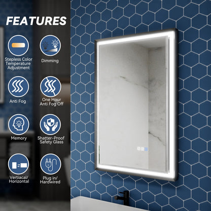 Verloar 22" W x 34" H Framed Lighted Bathroom  Mirror,Dimmable,Anti Fog,Front-Lit Illumination,Matte Black