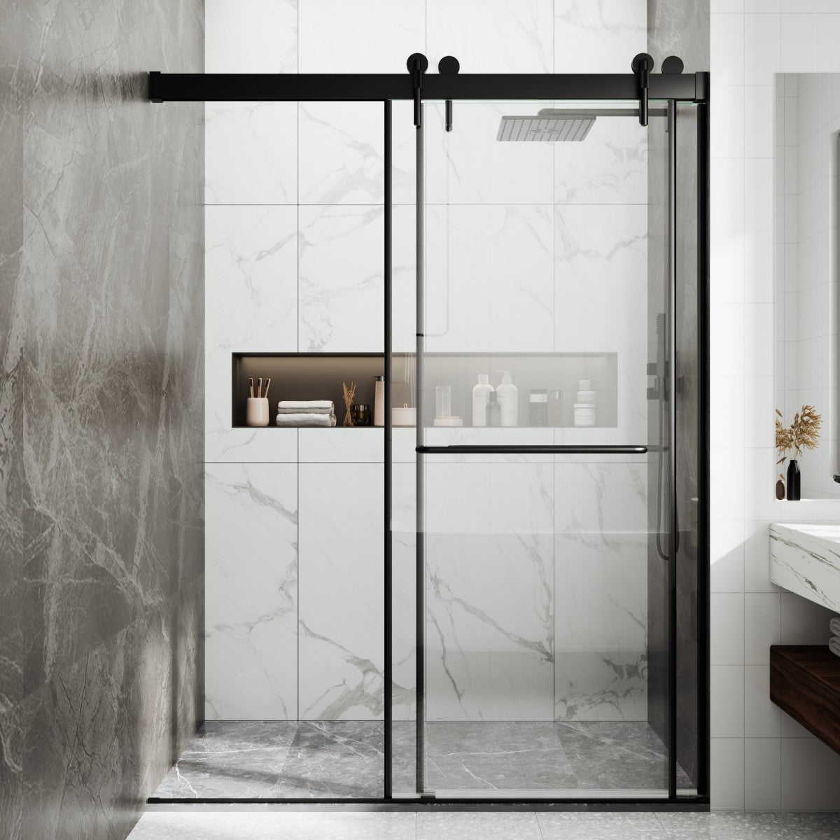 Semi-frameless sliding shower door in fully open position, showing maximum walk-through access and smooth roller system operation.