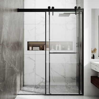 Semi-frameless sliding shower door in fully open position, showing maximum walk-through access and smooth roller system operation.