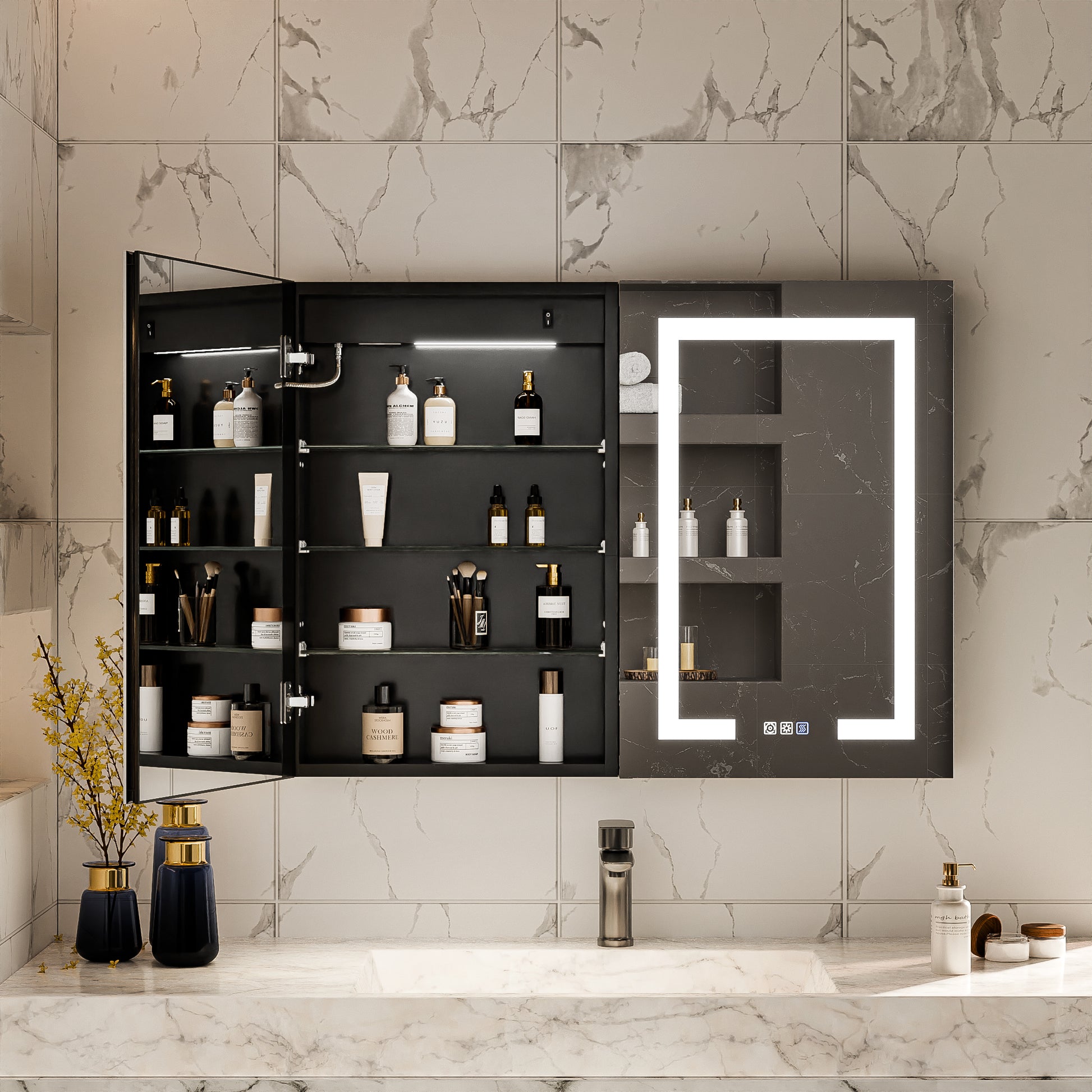 Boost-M1 20" W x 30" H Light Medicine Cabinet Recessed or Surface Mount Aluminum Adjustable Shelves Vanity Mirror Cabinet, Black Frame, Hinge on the Left - ExBriteUSA