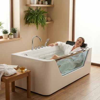 67" Whirlpool Bathtub, Hydrotherapy Jetted Bathtub with Glass Panel, 7 Jets,3-Side Apron,89 Gallons,White|Exbrite