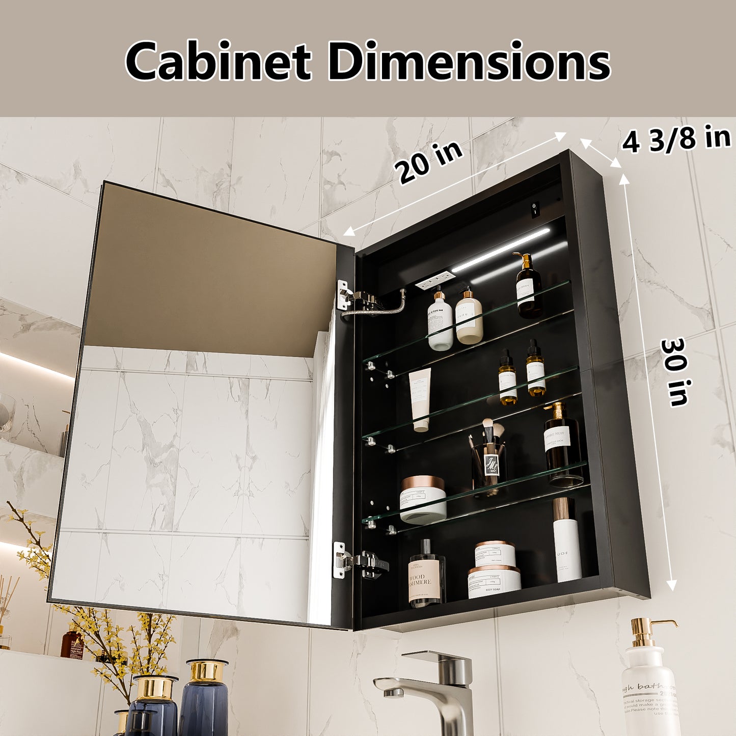 Boost-M1 20" W x 30" H Light Medicine Cabinet Recessed or Surface Mount Aluminum Adjustable Shelves Vanity Mirror Cabinet, Black Frame, Hinge on the Left - ExBriteUSA