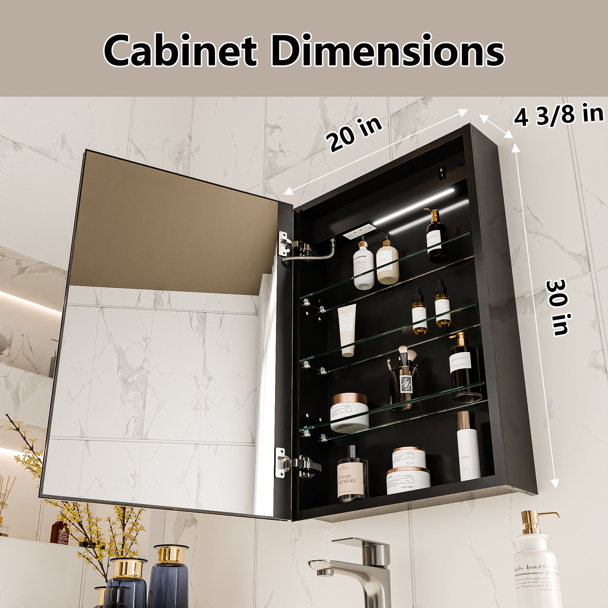Boost-M1 20" W x 30" H Light Medicine Cabinet Recessed or Surface Mount Aluminum Adjustable Shelves Vanity Mirror Cabinet, Black Frame, Hinge on the Left - ExBriteUSA