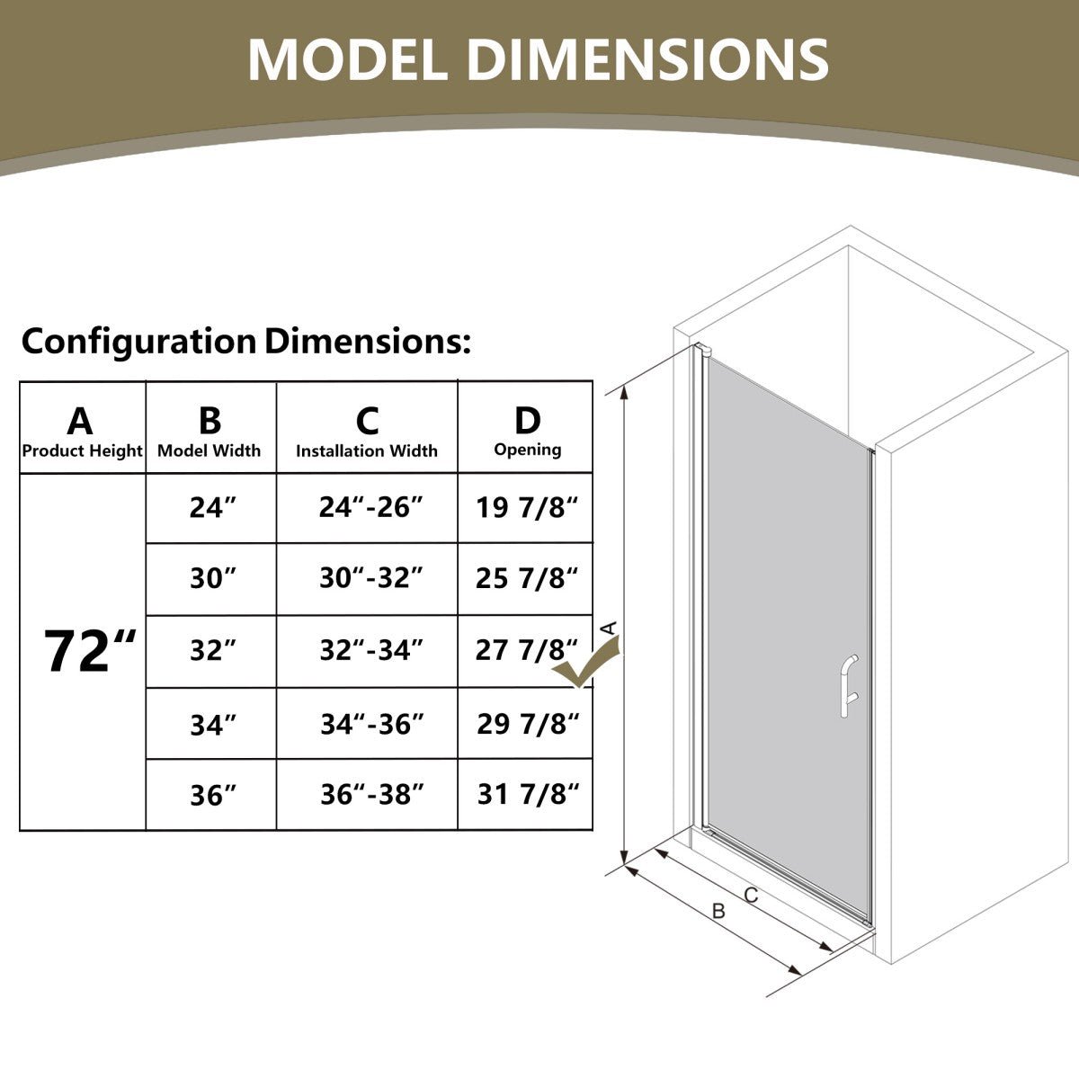 Classy 32 - 33" W x 72" H Pivot Shower Door Semi - Frameless Hinged in Matte Black Install Glass Shower Door