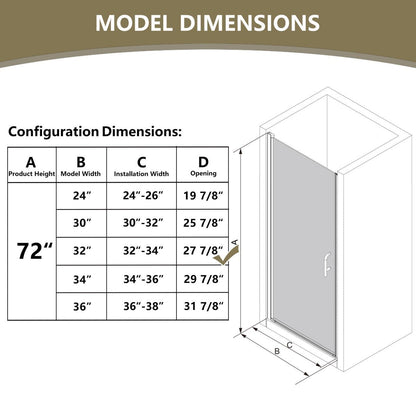 Classy 32 - 33" W x 72" H Pivot Shower Door Semi - Frameless Hinged in Matte Black Install Glass Shower Door