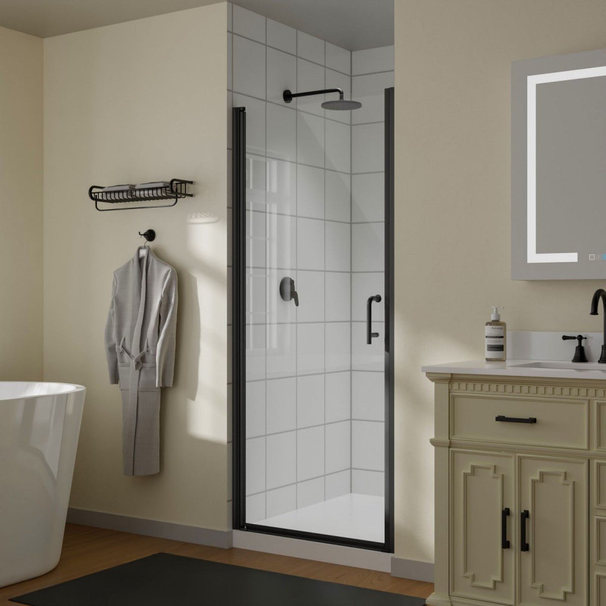 Classy 32 - 33" W x 72" H Pivot Shower Door Semi - Frameless Hinged in Matte Black Install Glass Shower Door