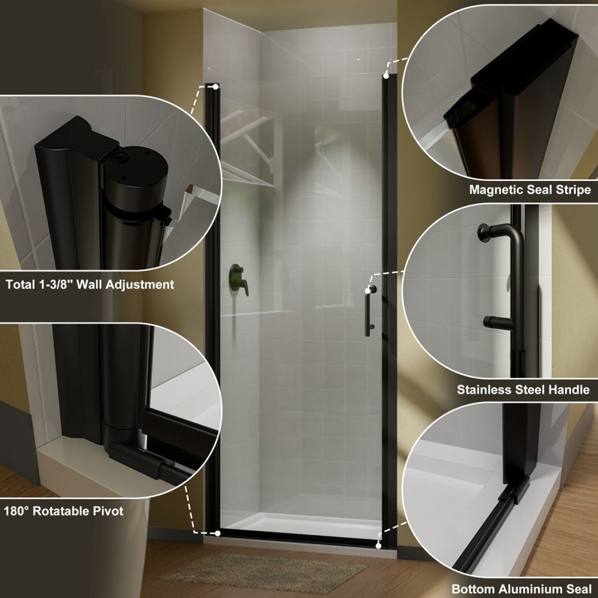 Classy 32 - 33" W x 72" H Pivot Shower Door Semi - Frameless Hinged in Matte Black Install Glass Shower Door