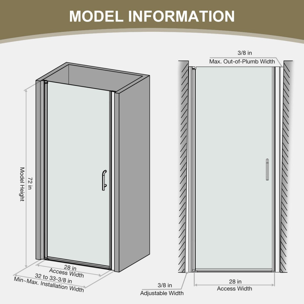 Classy 32 - 33" W x 72" H Pivot Shower Door Semi - Frameless Hinged in Matte Black Install Glass Shower Door
