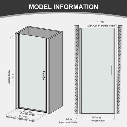 Classy 34 - 35" W x 72" H Hinged Pivot Semi - Frameless Shower Door Brushed Nickel Install Glass Shower Door