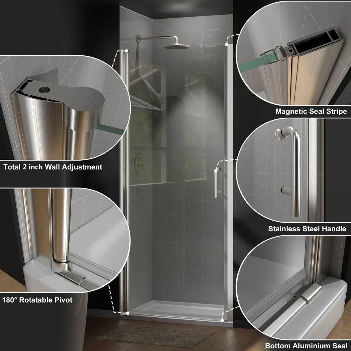 Classy 34 - 35" W x 72" H Hinged Pivot Semi - Frameless Shower Door Brushed Nickel Install Glass Shower Door