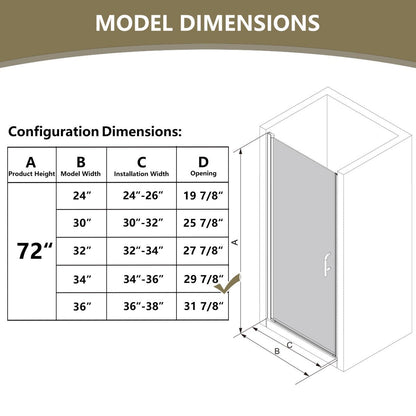 Classy 34 - 35" W x 72" H Hinged Pivot Semi - Frameless Shower Door Matte Black Install Glass Shower Door