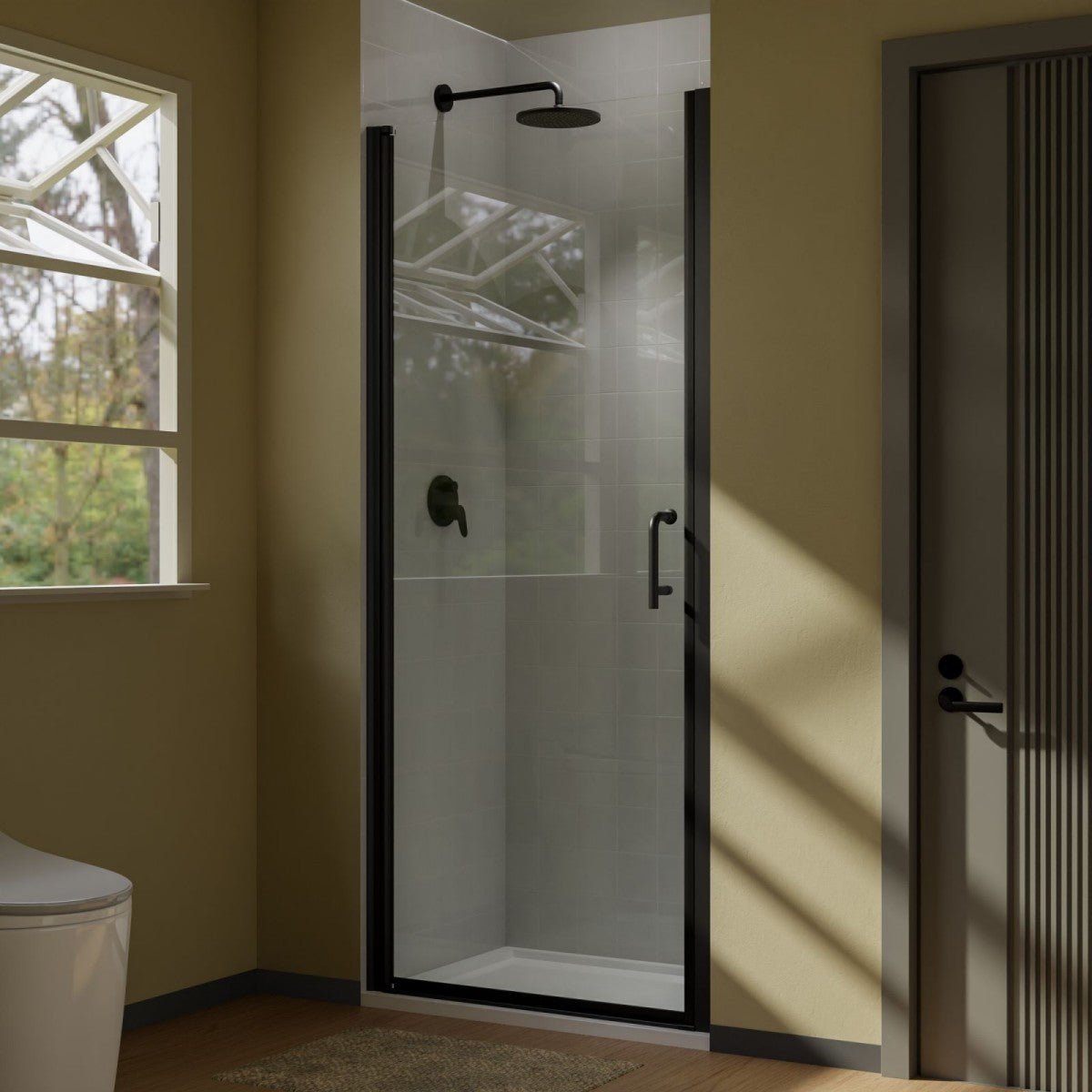 Classy 34 - 35" W x 72" H Hinged Pivot Semi - Frameless Shower Door Matte Black Install Glass Shower Door