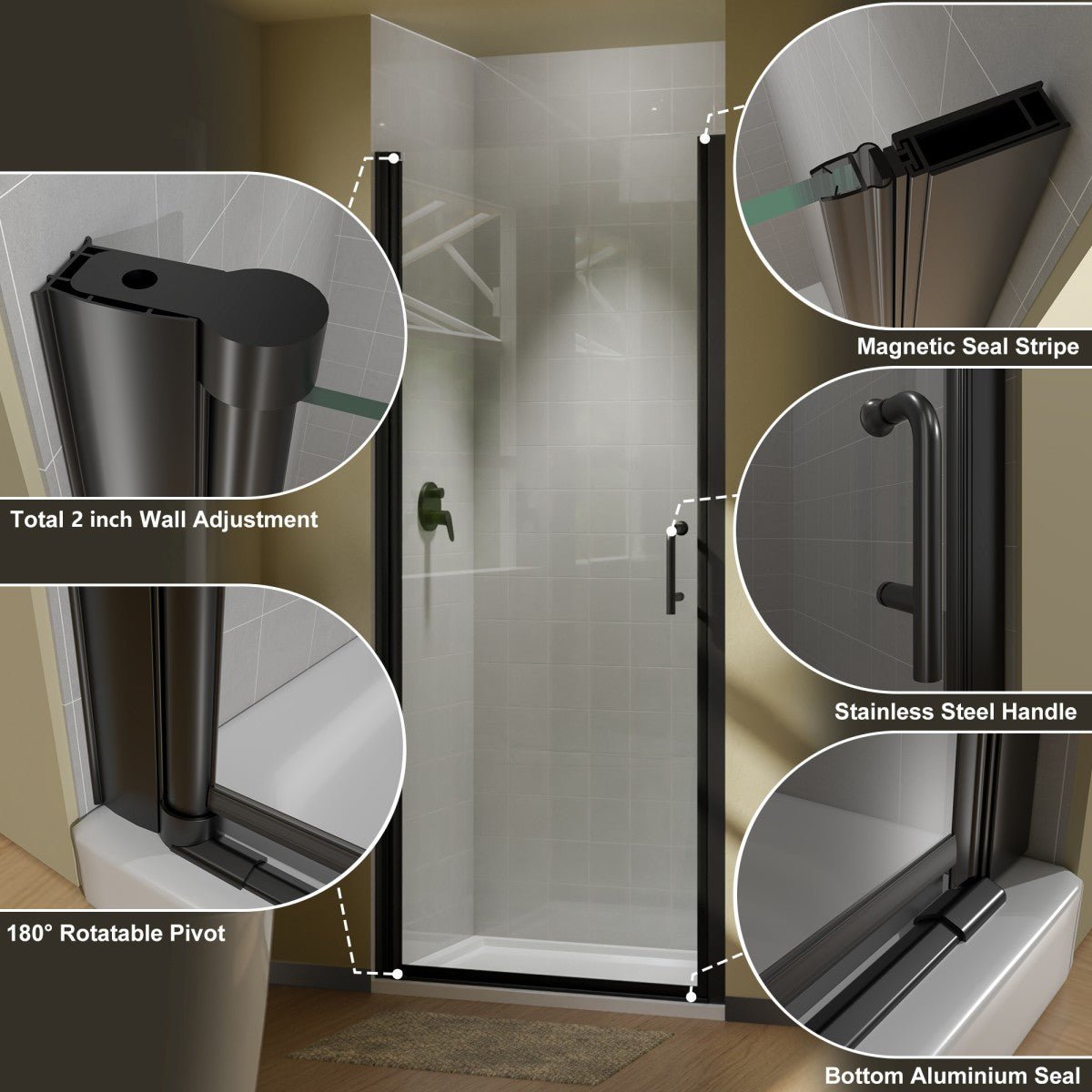 Classy 36 - 37" W x 72" H Pivot Semi - Frameless Glass Shower Door in Black