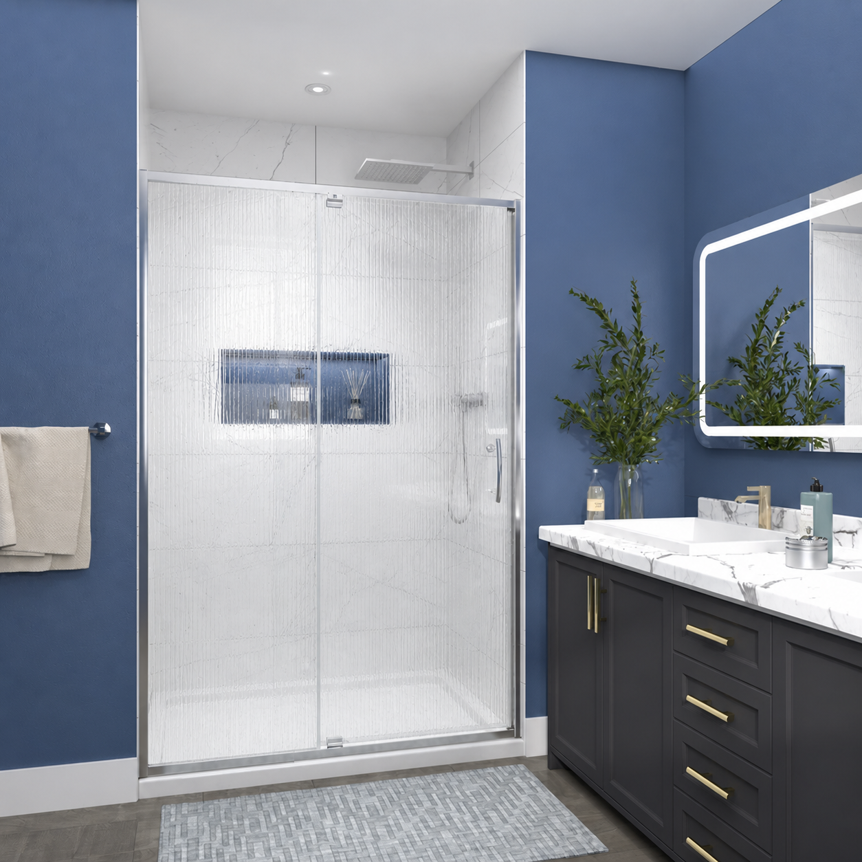Flexi 44–48 in. W × 71 in. H Shower Door in Chrome with 1/4 in. (6 mm) Textured Rain Glass for Privacy, Seal Strips and Handle