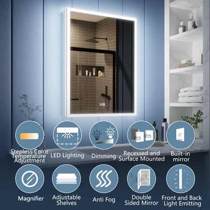 Illusion 24" x 32" LED Lighted Medicine Cabinet with Magnifiers Front and Back Light,Hinge on the Right