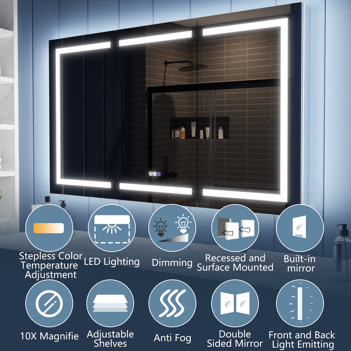 Bathroom mirror with LED lighting and various features displayed on a blue background