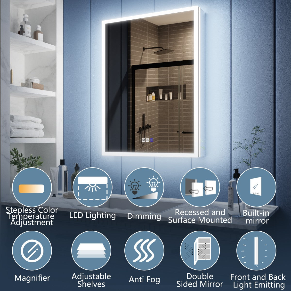 Illusion 20" x 32" Lighted Mirror Medicine Cabinet with Front and Back Magnifiers, Right Hinge