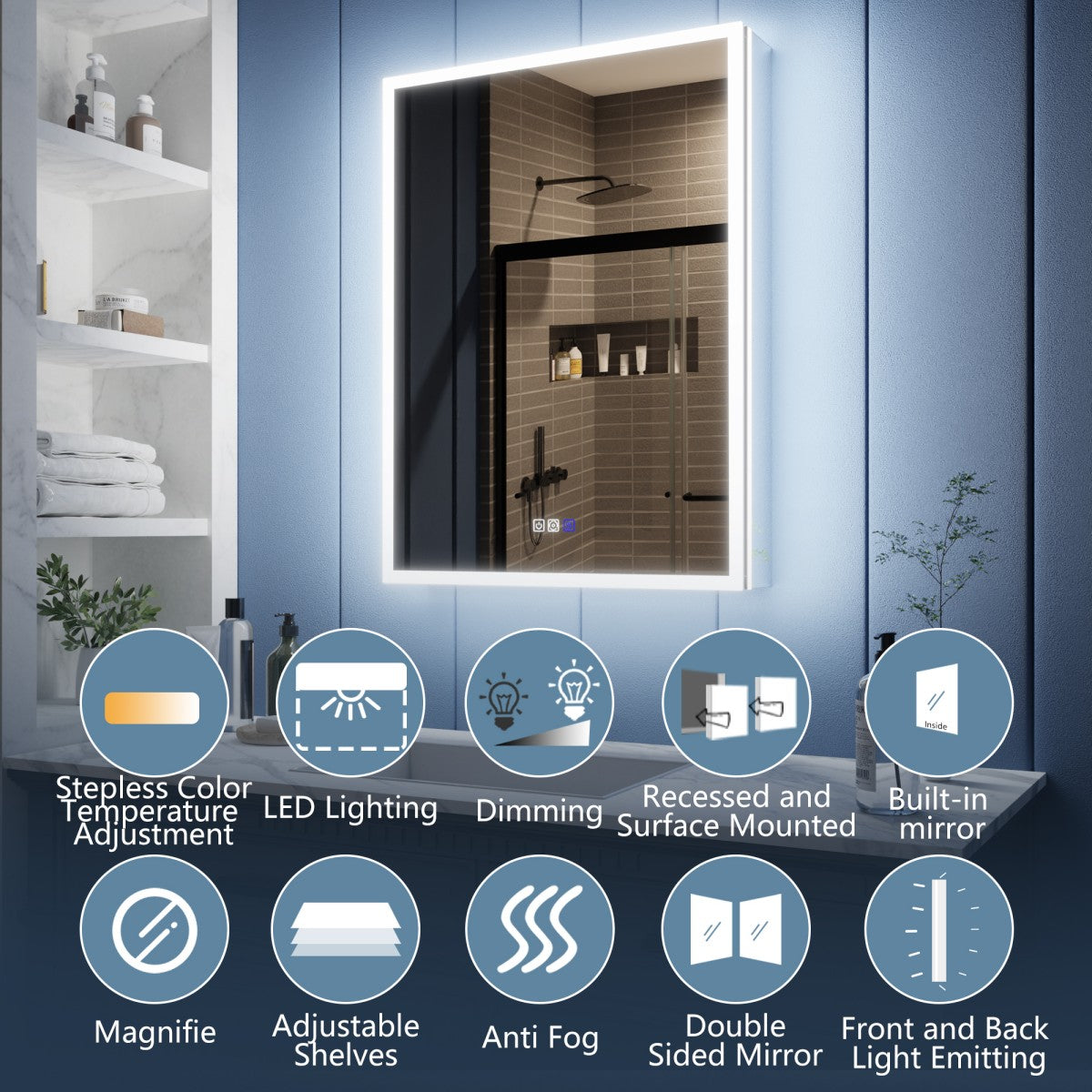Illusion 24" x 32" LED Lighted Medicine Cabinet with Magnifiers Front and Back Light,Hinge on Left