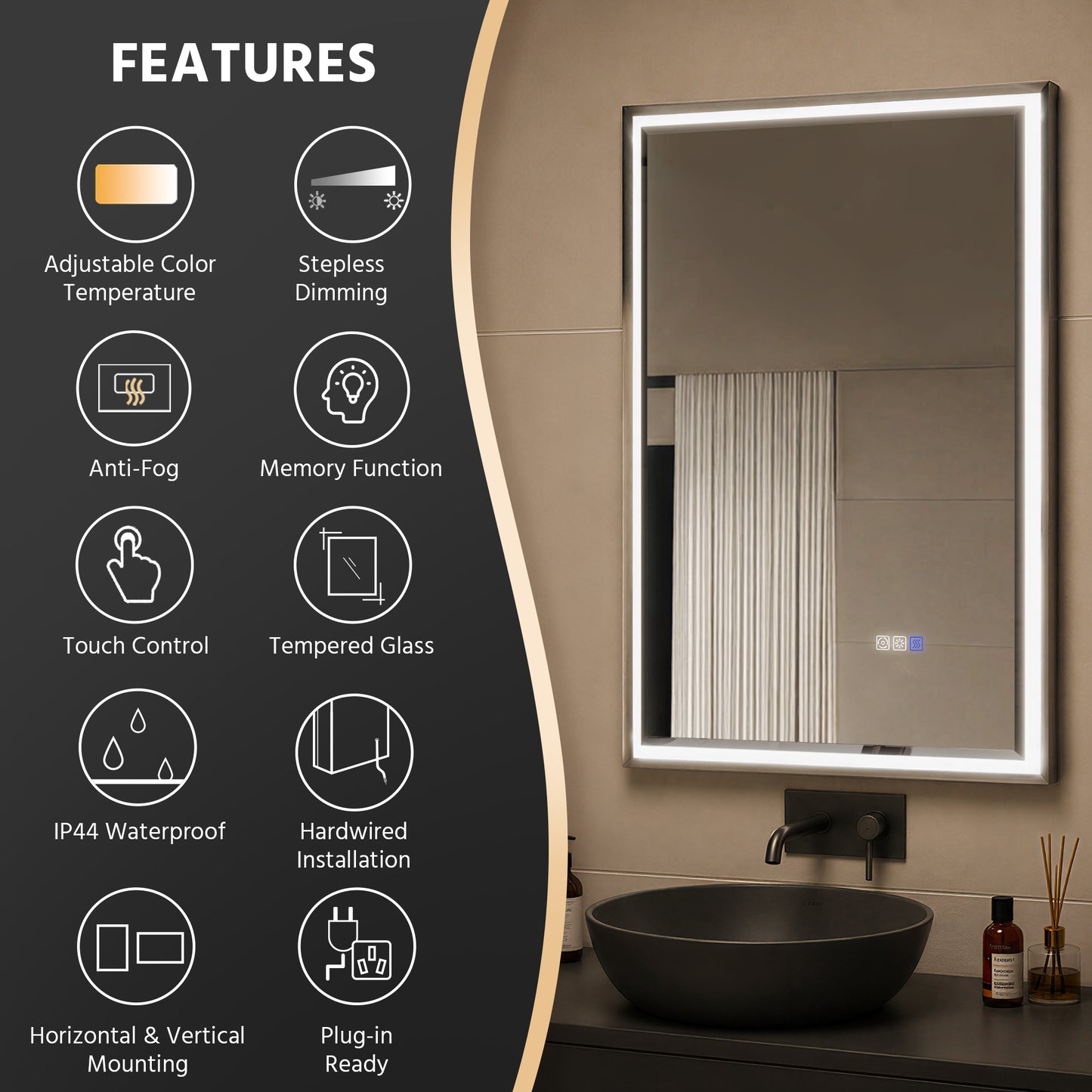 Verloar 22" W x 34" H Lighted Bathroom Mirror - Dimmable, Anti-Fog, Front-Lit Illumination in Brushed Nickel
