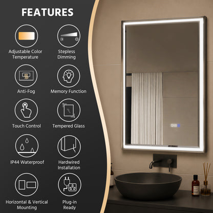Verloar 22" W x 34" H Lighted Bathroom Mirror - Dimmable, Anti-Fog, Front-Lit Illumination in Brushed Nickel
