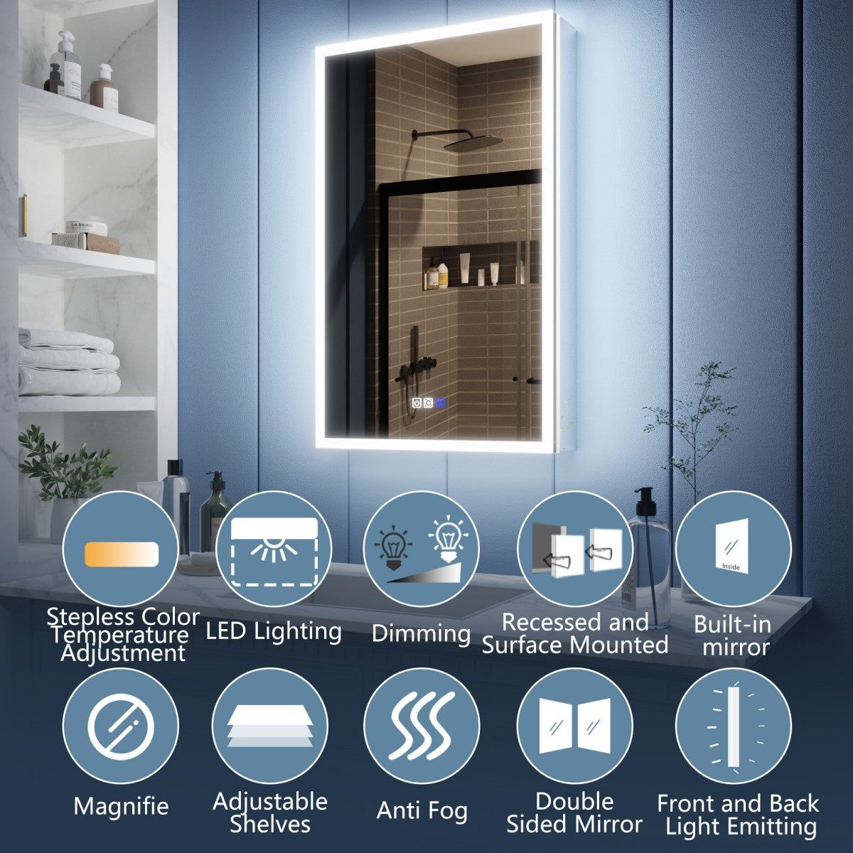 Illusion 20" x 32" LED Surface or Recessed Medicine Cabinet with Magnifiers Front and Back Light,Hinge on the Left