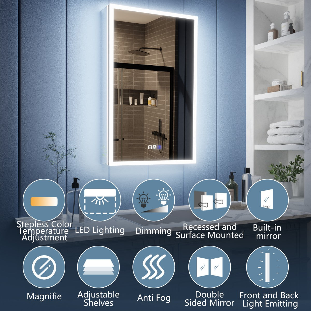 Illusion 20" x 32" Lighted Mirror Medicine Cabinet with Front and Back Magnifiers, Right Hinge
