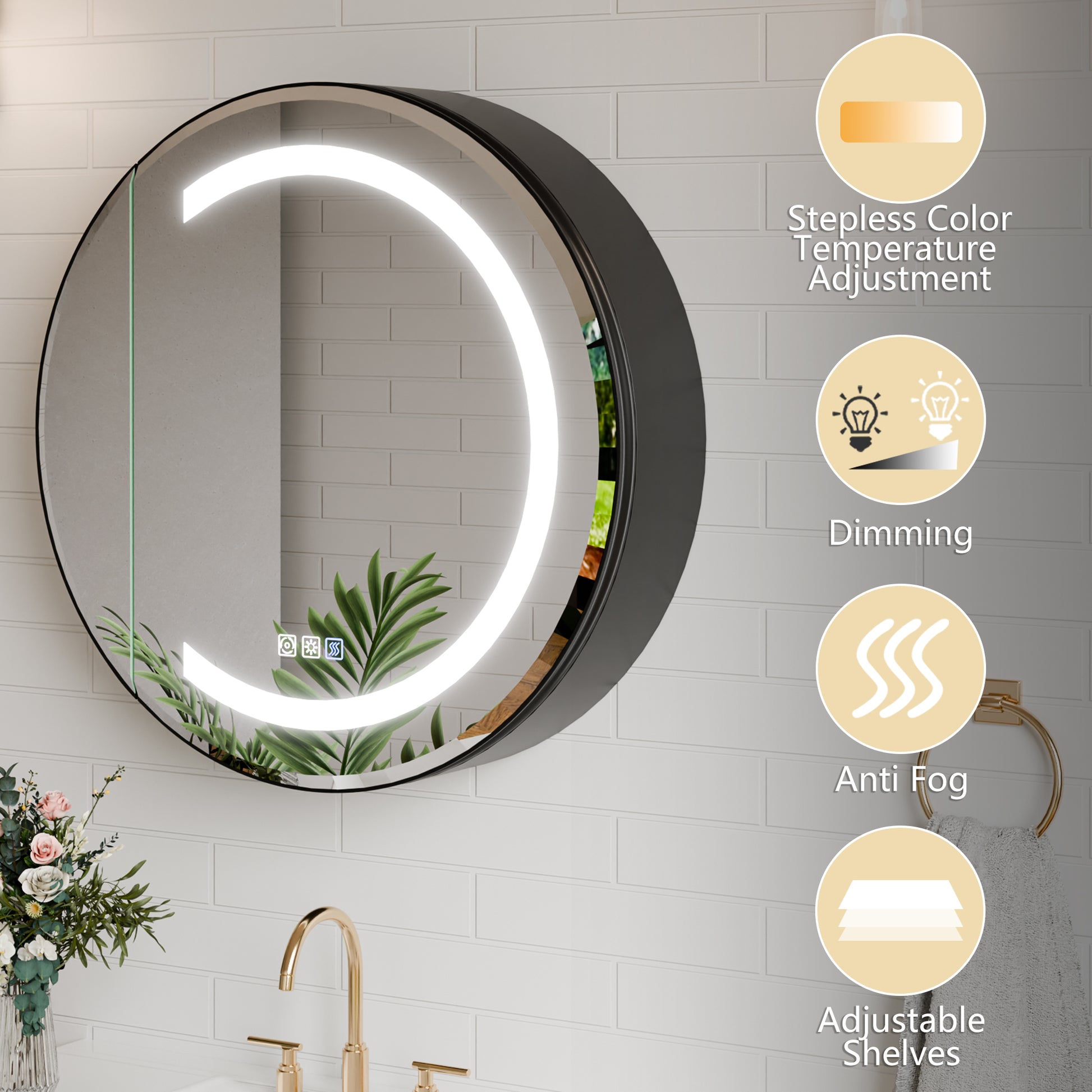 Hola 24" Round LED Medicine Cabinet – Black Frame, Anti-Fog, Dimmable Lighting, Surface Mount - ExBriteUSA