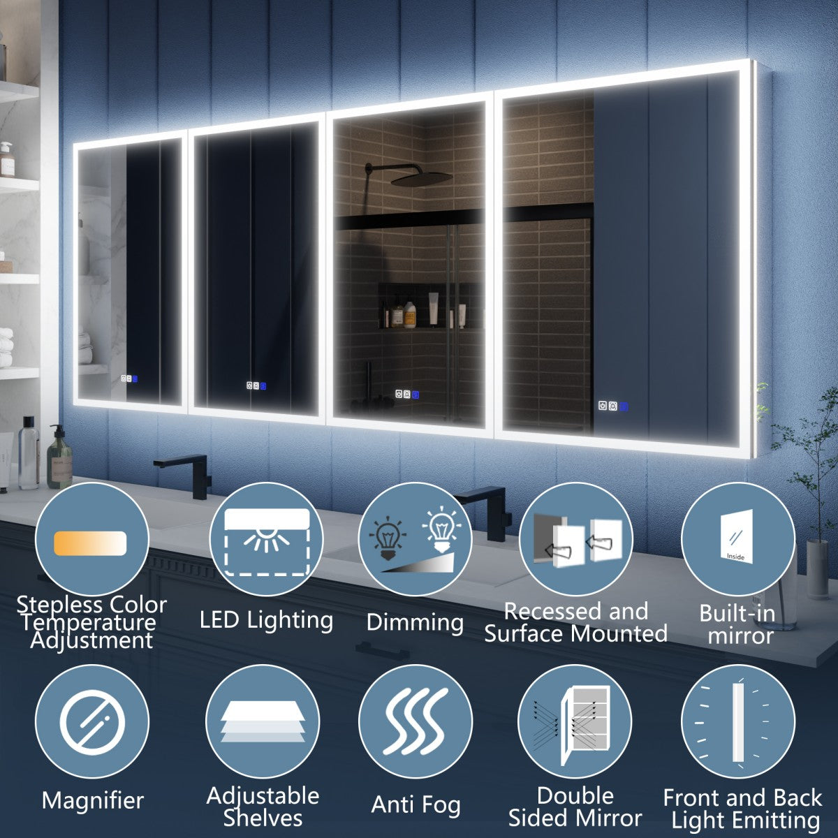 Illusion 84" x 32" LED Mirrored Medicine Cabinet with Front and Back Light Magnifiers