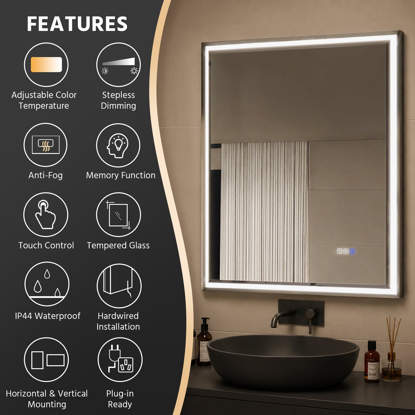 30"W x 36"H Lighted Mirrors | Verloar Brushed Nickel Front-Lit Mirror
