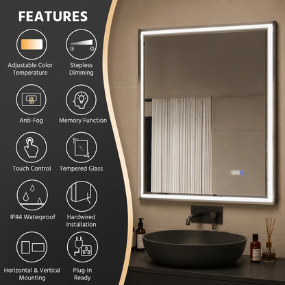 30"W x 36"H Lighted Mirrors | Verloar Brushed Nickel Front-Lit Mirror