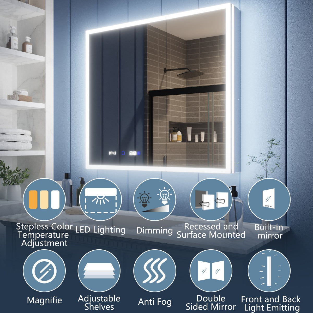 Illusion 36" x 32" LED Surface or Recessed Medicine Cabinet with Mirror Front and Back Light