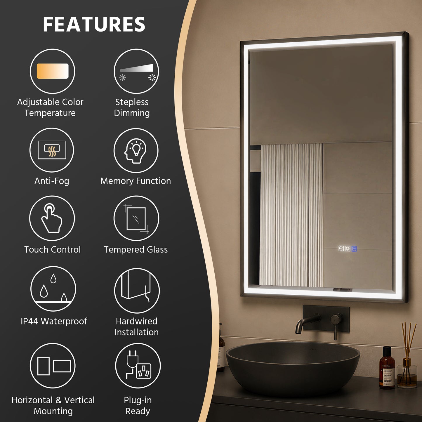 Verloar 22" W x 34" H Dimmable Lighted Bath Mirror with Light, Anti Fog and Matte Black Frame