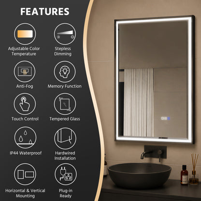 Verloar 22" W x 34" H Dimmable Lighted Bath Mirror with Light, Anti Fog and Matte Black Frame