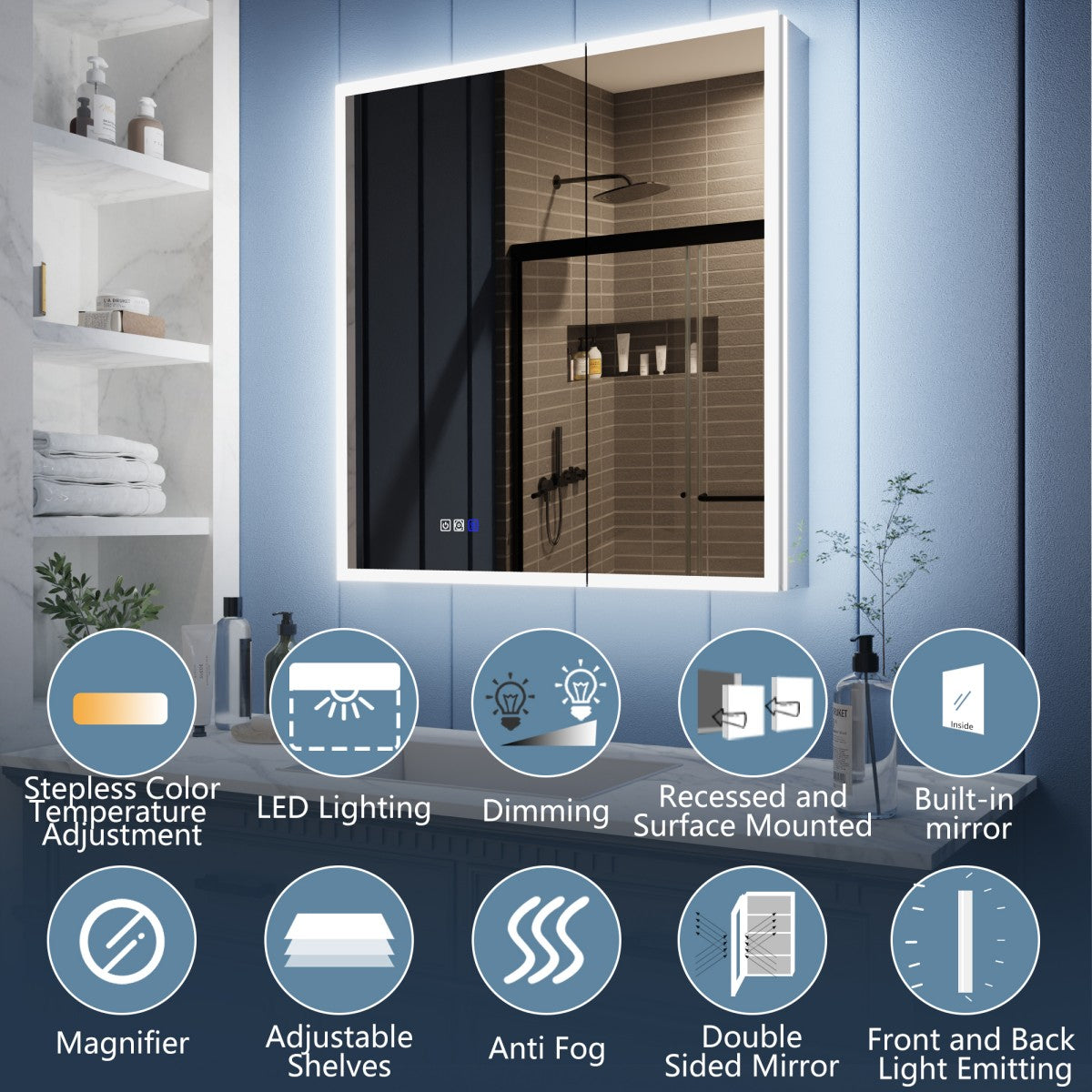 Illusion 30" x 32" LED Lighted Medicine Cabinet with Magnifiers Front and Back Light
