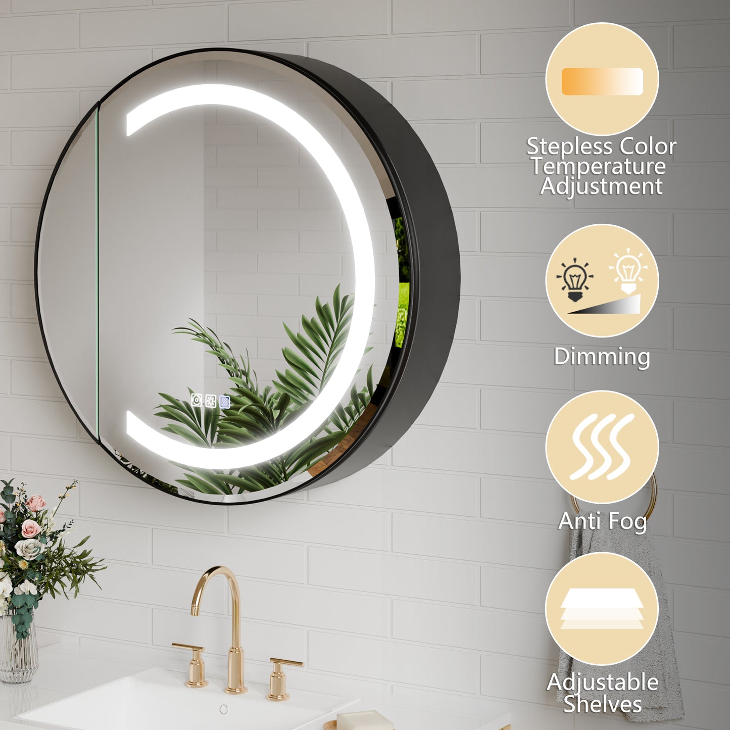Hola 26" Round LED Medicine Cabinet – Black Frame, Anti-Fog, Dimmable Lighting, Surface Mount - ExBriteUSA