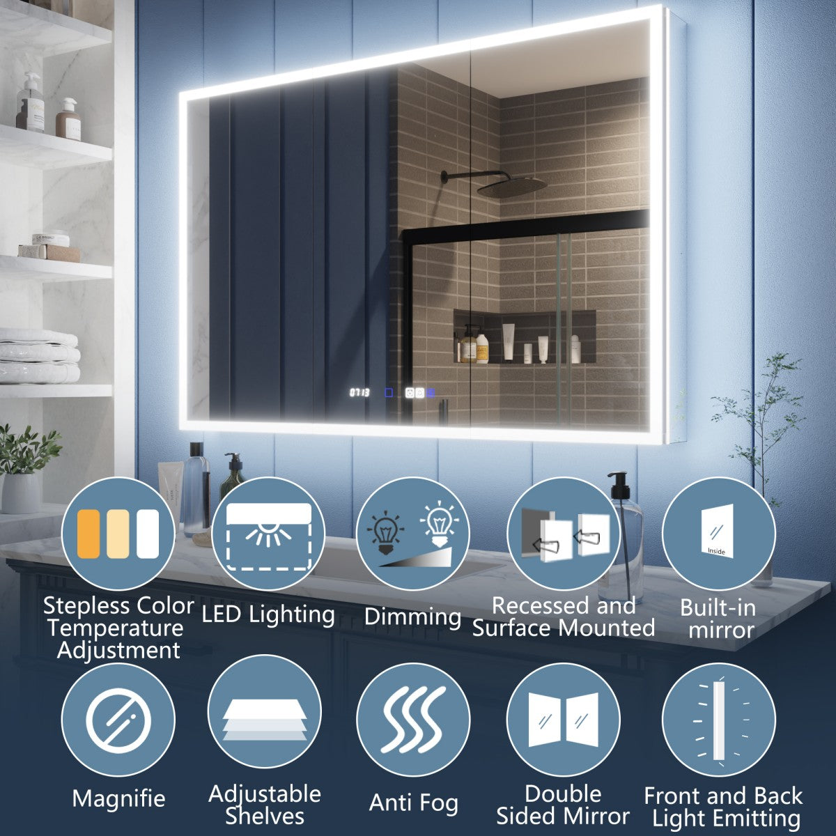 Illusion 48" x 32" LED Lighted Medicine Cabinet with Outlet, Front and Back Light