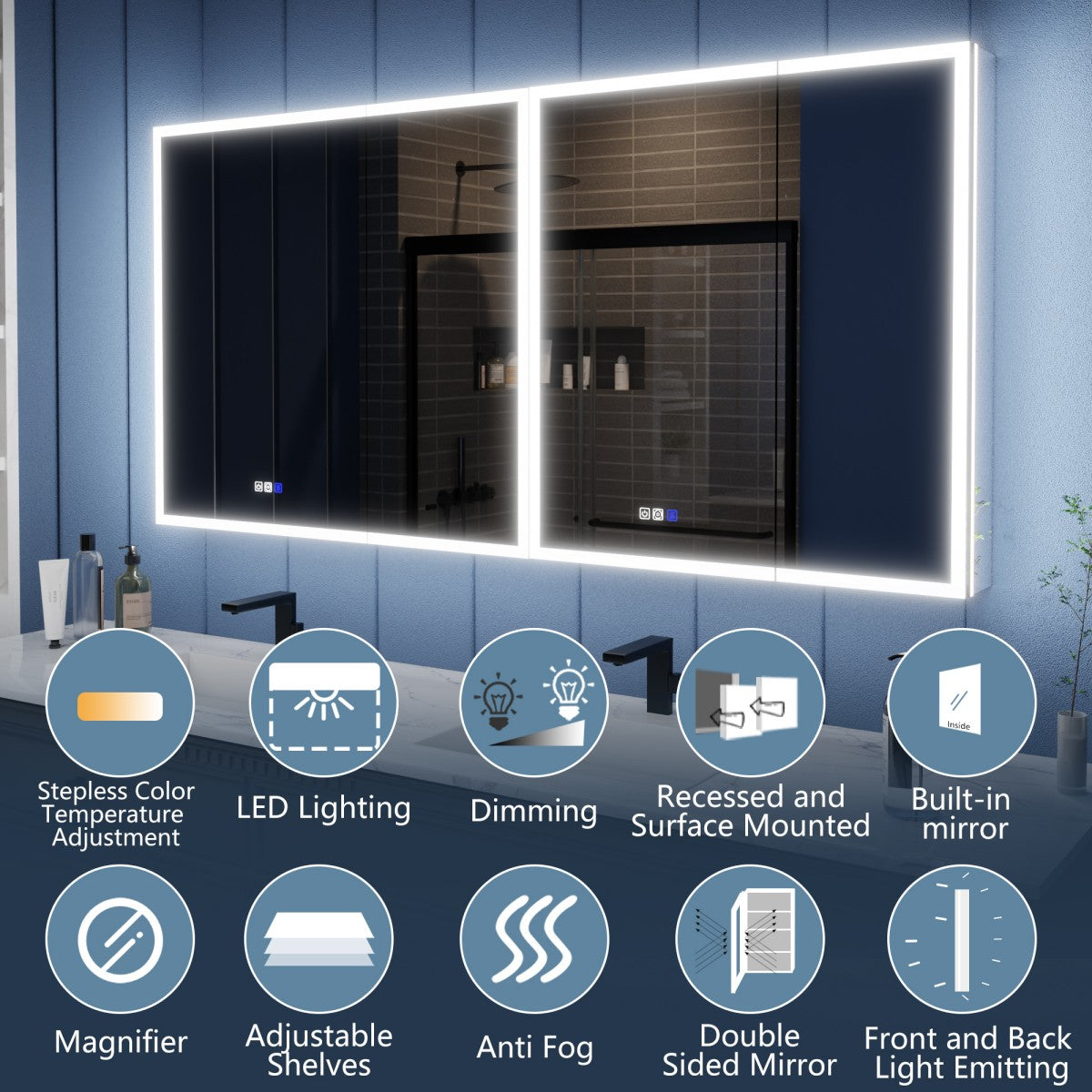 Illusion 66" x 32" LED Lighted Medicine Cabinet with Magnifiers - Modern Lit Medicine Cabinet