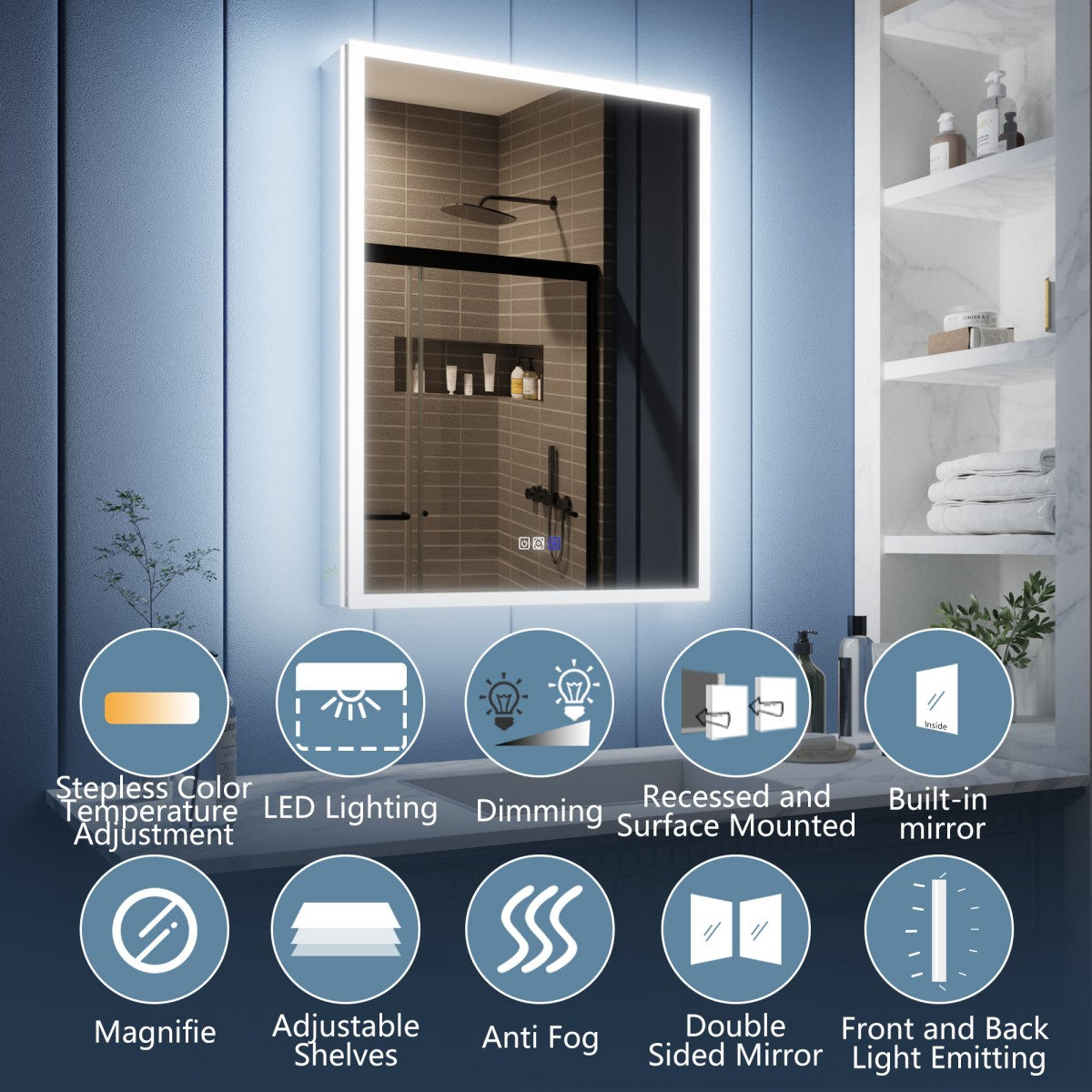 Illusion 24" x 32" LED Lighted Medicine Cabinet with Magnifiers Front and Back Light,Hinge on the Right