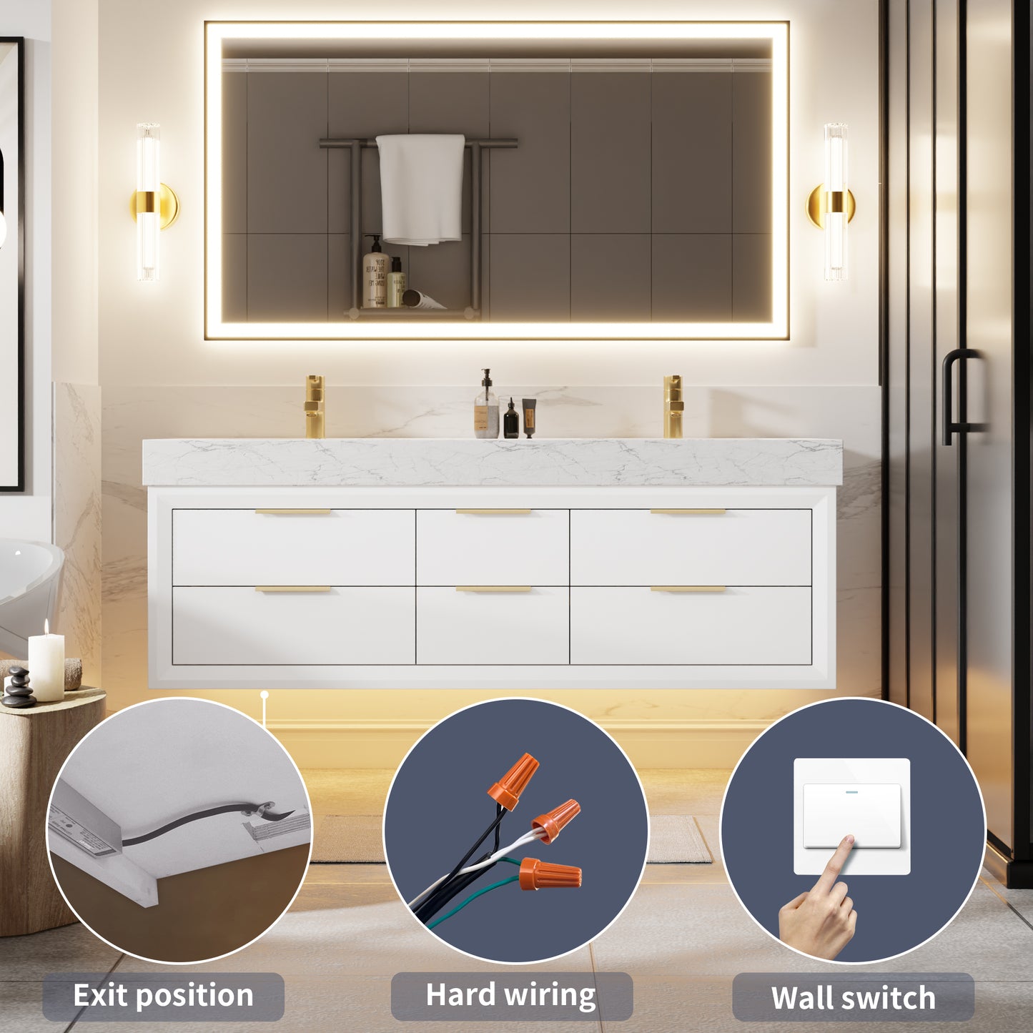 Glam 60" Modern White Vanity 60 with Rubberwood Bathroom Cabinet, Dual Sinks, Lights, and Stone Slab Countertop