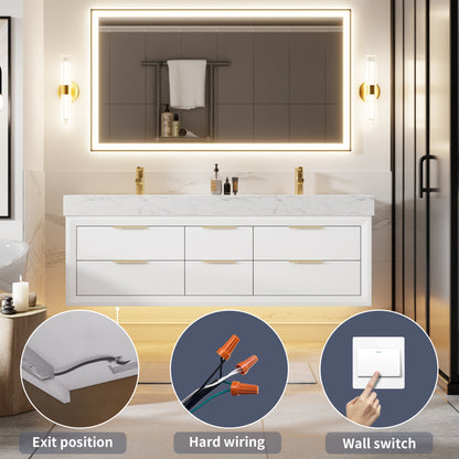 Glam 60" Modern White Vanity 60 with Rubberwood Bathroom Cabinet, Dual Sinks, Lights, and Stone Slab Countertop