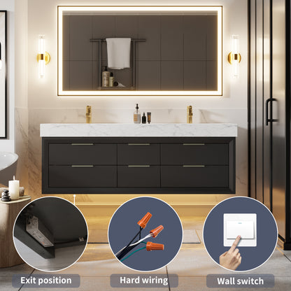 Glam 60" Black Floating Vanity 60 Modern Rubberwood Bathroom Cabinet with Lights and Stone Slab Countertop, Dual Sinks