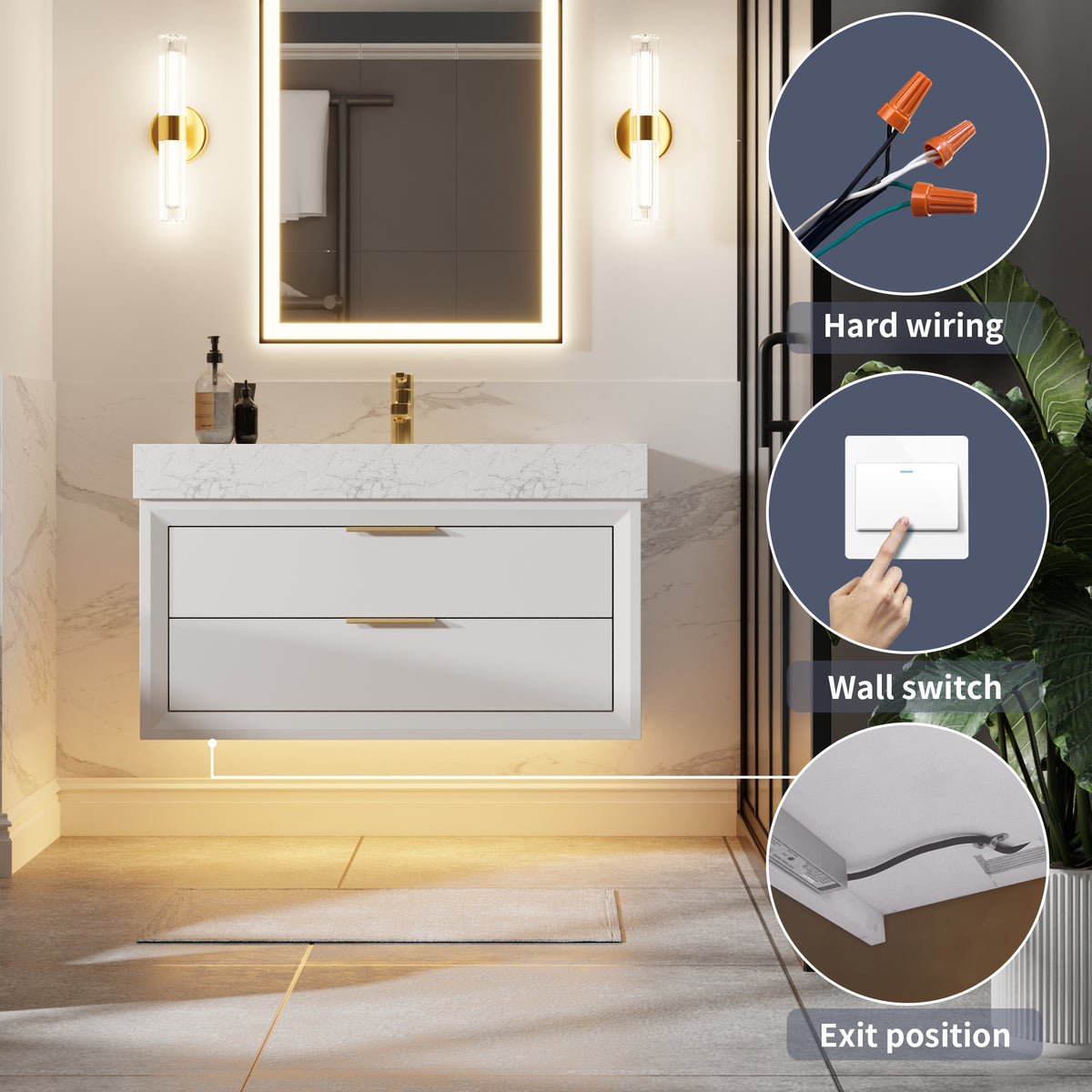 Glam 36" Modern White Bathroom Vanity with Floating Design, Lights, Stone Slab Countertop, and Single Sink