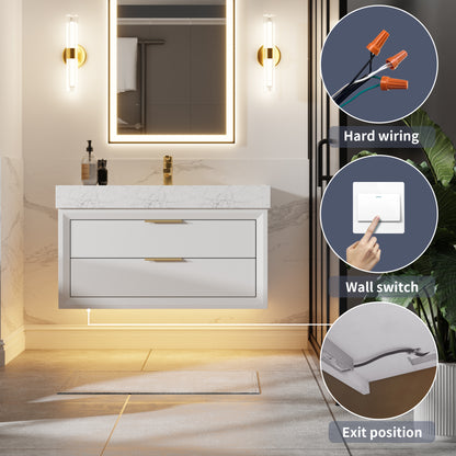 Glam 36" Modern White Bathroom Vanity with Floating Design, Lights, Stone Slab Countertop, and Single Sink