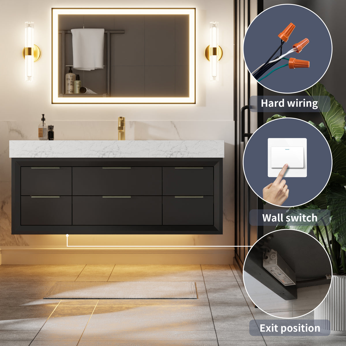 Glam 48 Inch Bathroom Vanity with Top - Modern Floating Black Rubberwood Cabinet with Lights and Stone Slab Countertop, Single Sink